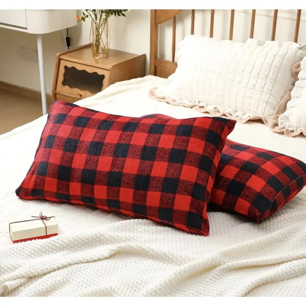 Tranqun Checkered Pillow Cases Queen Size Set of 2 Flannel Red